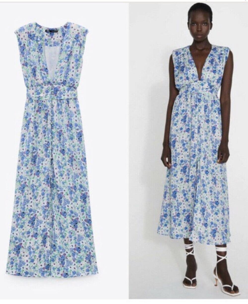 Zara Blue Floral V-Neck Button Front Side Slit Sleeveless Maxi Dress Size L
